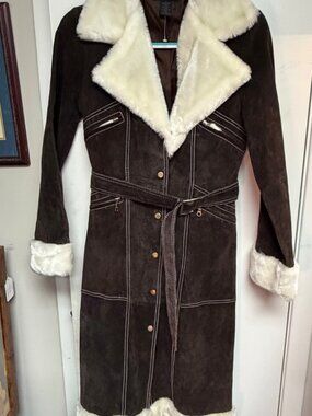 Taunt Women’s Genuine Suede Long Coat Brown Cream Faux Shearling Belted Vintage